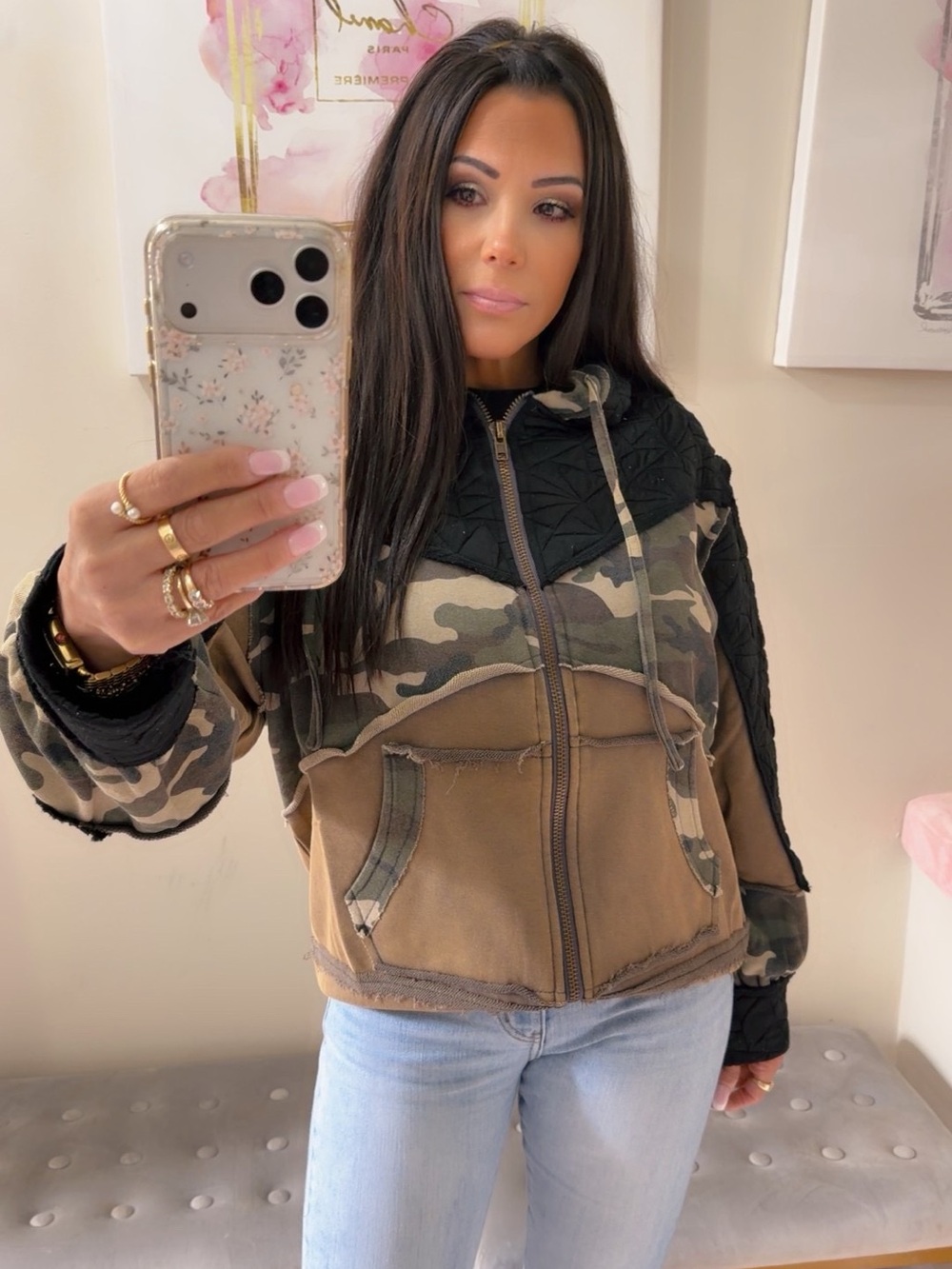 POL Patchwork Camo & Quilted Hooded Bomber Jacket - Black & Brown
